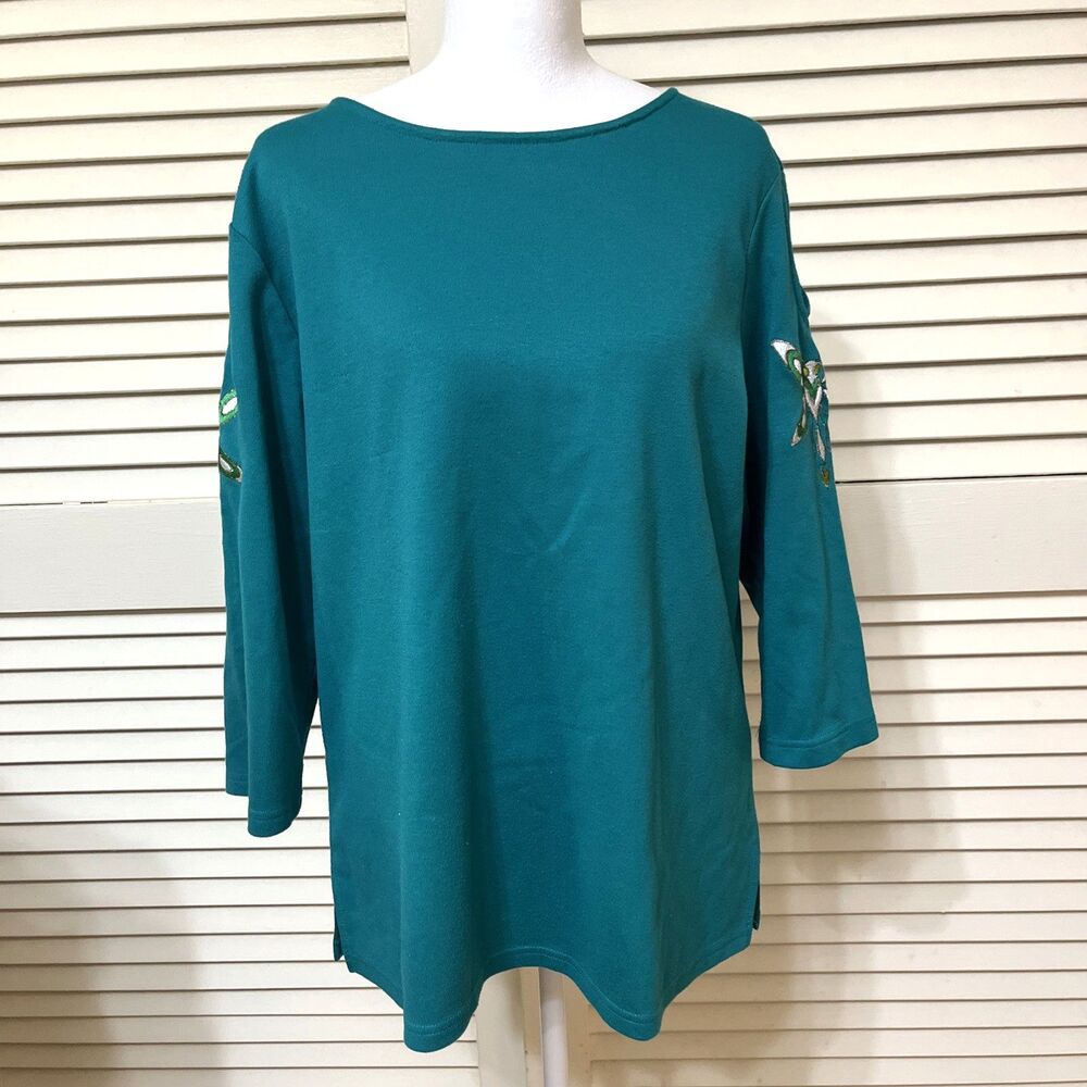 Bob Mackie Womens L Teal Dragonfly Embellished Cutout Sleeve Wearable Art Top